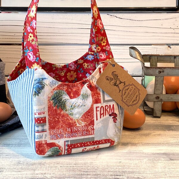 Egg collecting basket, chickens, hens, roosters, soft fabric bag with handles, farmhouse, berry basket, garden tote, many uses