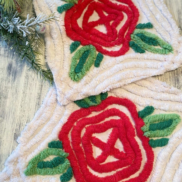 2 pieces, Red Roses chenille bedspread fabric piece,  10” blocks , set of 2, Vintage chenille , Christmas chenille