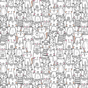 Meowgical,  A Pawsome bunch in white by Michael Miller, cat fabric