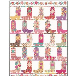 May include: A quilt pattern called "Boot Scootin' Boogie" featuring a white background with a repeating pattern of colorful patchwork cowboy boots. The pattern is described as "a fat quarter friendly quilt pattern".
