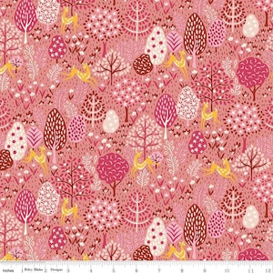 May include: A fabric design featuring a whimsical forest scene. The pattern includes stylized trees in shades of pink, burgundy, and white, with yellow deer leaping through the landscape. Small white flowers and foliage fill the spaces between the trees.