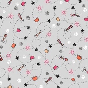Meowgical, feline stitches in gray, by Michael Miller, cat fabric