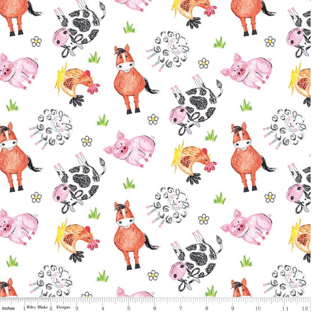 Coloring on the Farm White Toss, Riley Blake Designs, Farm Animals, Cow ...