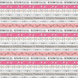 Meowgical, playful stripe in pink & gray, by Michael Miller, cat fabric