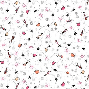 Meowgical, feline stitches in white multi, by Michael Miller, cat fabric