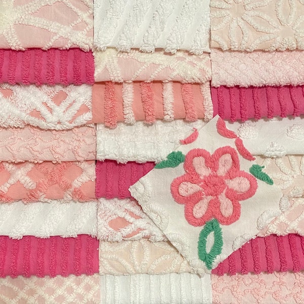 Vintage Chenille 6” squares, shades of pink & white, 25 quilt blocks