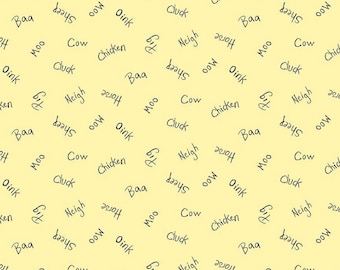 Coloring on the farm yellow toss, Riley Blake designs, farm animals, cow, pig, horse, chickens, sheep, barn, tractor, fabric, C12232, words