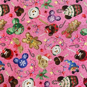 Disney Christmas snacks, pink fabric, mouse ears cookies, 100% cotton,  by the fat quarter oversized 18” x 28”ready to ship