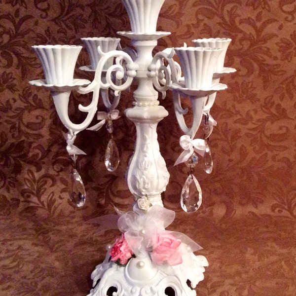 White shabby chic candelabra with hanging crystals