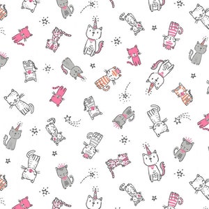 Meowgical, purring friends in white, by Michael Miller, cat fabric