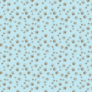 May include: A seamless pattern of brown paw prints on a light blue background.