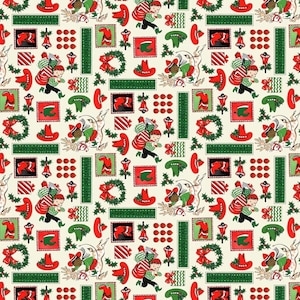 May include: A white background with a repeating pattern of red, green, and black Christmas-themed illustrations. The illustrations include a person carrying a bag of gifts, a bell, a wreath, a boot, a hat, and a candy cane.
