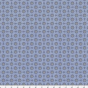 May include: A nautical-themed fabric with a repeating pattern of white ship wheels and anchors on a light blue background. The fabric has a textured appearance, suitable for various sewing projects.