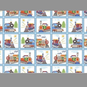 May include: A white background with a repeating pattern of colorful cartoon trains. Each train has a blue engine, red and yellow cars, and a black smoke stack. The trains are surrounded by blue and white stripes, green trees, and yellow suns.