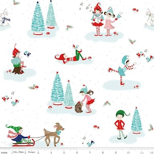May include: A white fabric with a repeating pattern of elves, reindeer, and Christmas trees. The elves are wearing red and white striped outfits and are engaged in various activities, such as singing, ice skating, and playing with a hedgehog. The reindeer is brown with a blue bow and is pulling a sled. The Christmas trees are green and decorated with red ornaments. The background is white with a light blue snowflake pattern.