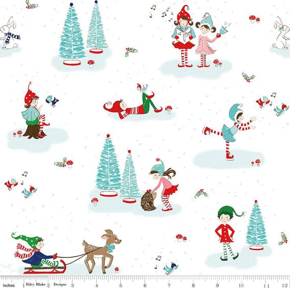 Pixie Noel 2 by Tasha Noel for Riley Blake fabrics, main-white  #C12110, Christmas, retro deer