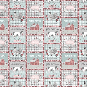 May include: A repeating pattern of farm-themed illustrations with text that reads "Home", "Hog Heaven", "Farm Fresh", "Cock-a-doodle-doo", and "Til the cows come".