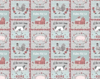 May include: A repeating pattern of farm-themed illustrations with text that reads "Home", "Hog Heaven", "Farm Fresh", "Cock-a-doodle-doo", and "Til the cows come".