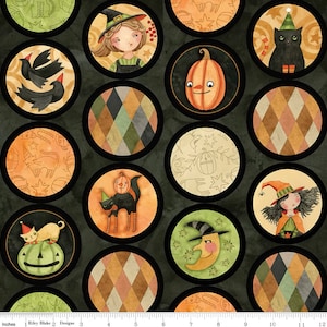Halloween Whimsy by Teresa Kogut for RBD, Halloween fabric, CD11825-black , witches, cats and pumpkins