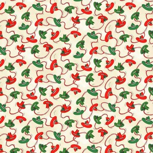 May include: A seamless pattern featuring red and green sombreros with holly and berry accents on a cream background.