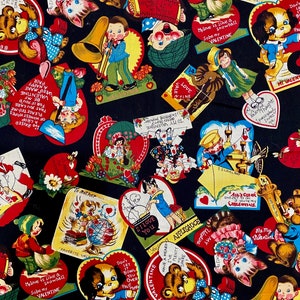 Vintage Valentines fabric fat quarter, “love notes “retro with black background, 1996 hi-fashion 18’ x 21”