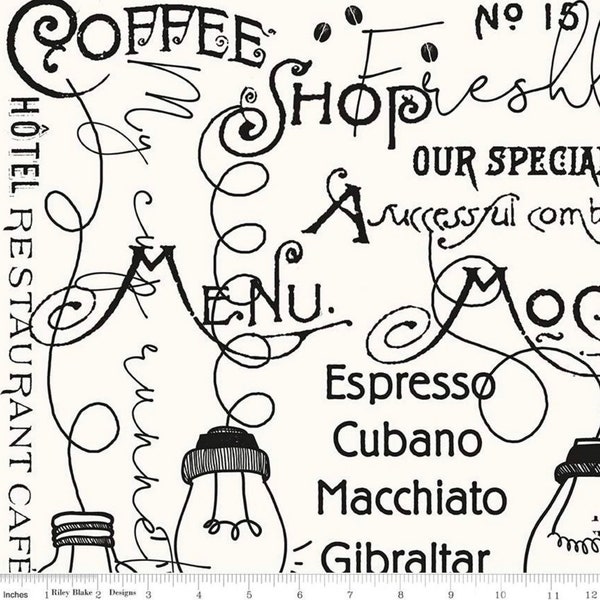 Coffee chalk fabric by J. Wecker Frisch for Riley Blake, words on white  #C11035, coffee shop