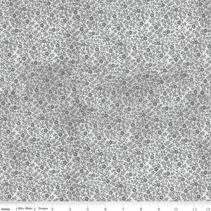 May include: A white fabric with a repeating pattern of small gray flowers and leaves. The fabric has a subtle sheen.