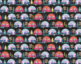 Happy camper , Michael Miller fabric, trailer park CX11010-black, retro campers