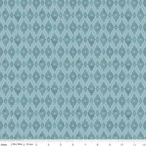 May include: A teal blue fabric with a repeating pattern of small, white, diamond-shaped designs. The diamonds are filled with a circular pattern of small dots.