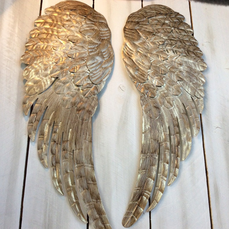 Large metal Angel wings wall decor distressed gold ivory & Etsy