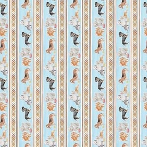 May include: A repeating pattern of colorful fish swimming in a light blue background. The fish are arranged in rows with a geometric pattern of brown and white lines between each row.