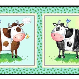 May include: Two cartoon cows in frames with green leaf borders. The cow on the left is brown and white with a flower in its mouth. The cow on the right is black and white with a blue bird on its head.