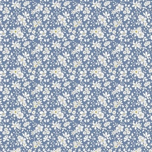 May include: A seamless pattern featuring small white flowers with yellow centers on a light blue background.