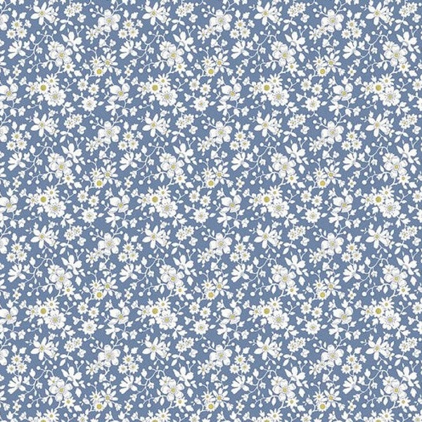 Liberty flower show coastal walk, Maddie silhouette B, shades of blue floral fabric, Riley Blake