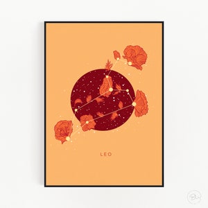 LEO - Zodiac Sign Art Print, Constellation Art Print, Astrology Art Print, Celestial Art Print, Flower Print, 5x7" / 8x10"