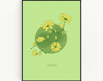 VIRGO - Zodiac Sign Art Print, Constellation Art Print, Astrology Art Print, Celestial Art Print, Flower Print, 5x7" / 8x10"