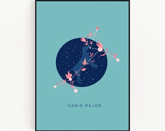 CANIS MAJOR - 5x7" / 8x10" Constellation Print, Celestial Print, The Greater Dog art print, flower illustration rint