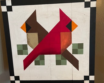 Pair of Cardinals  Barn Quilt on Wood  14” x 14”