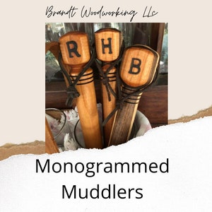 May include: Three wooden muddlers with leather straps and personalized initials "R", "H", and "B". Monogrammed Muddlers.
