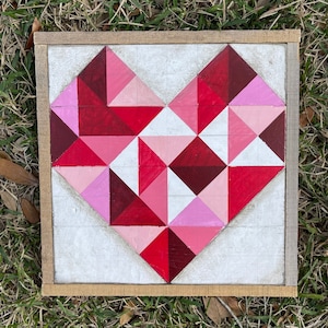 Heart  Pattern Barn Quilt Hand Painted Framed in Rustic Barn Wood