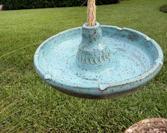 Handmade Rustic Blue Ceramic Bird Feeder | Speckled Pottery Garden Decor