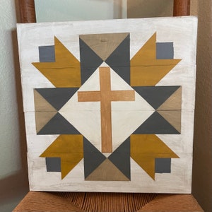 The Old Rugged Cross Beautiful Hand Painted  Barn Quilt with Metallic Gold Cross Antiqued