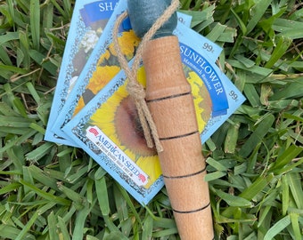 Garden Dibber, Beautiful Hardwood with painted handle - Hand turned, 8” with Corded Strap handle. Includes a FREE packet of flower seeds.