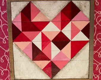 Heart  Pattern Barn Quilt Hand Painted Framed in Rustic Barn Wood