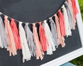 Peach and Coral Fabric Tassel Garland-Tassel Garland-Shabby Chic Rag Tie Garland-First Birthday Decor-High Chair Decor-Bridal Shower Decor