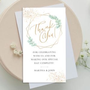 Modelo de cartão de agradecimento de casamento de eucalipto, modelo DIY Canva, casamento moderno, modelo de agradecimento, casamento verde-sálvia e dourado GG01