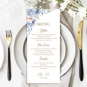 Plantilla de menú de boda en acuarela, elegante menú imprimible, menús de boda editables, menú floral azul BF01
