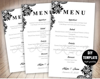 Black Wedding Menu Printable Template, Printable Black Menu Card, Black and White Wedding Menu,Lace Wedding Menu Template Instant Download