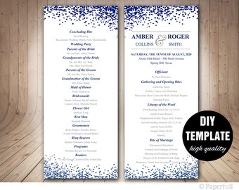 Modern Wedding Program Template,Navy Blue Program template,Blue Wedding Program double sided, DIY wedding program, Confetti Wedding Program