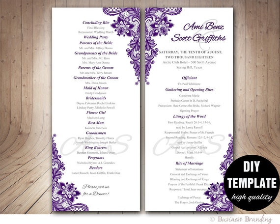 Purple Wedding Program Templateinstant Download Microsoft Etsy